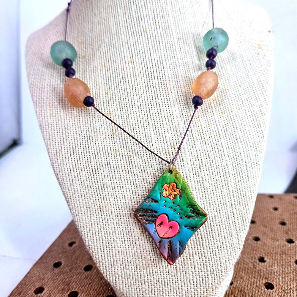 Handmade Polymer Clay Heart Pendant Necklace Colorful Beaded Cord Boho Artisan
